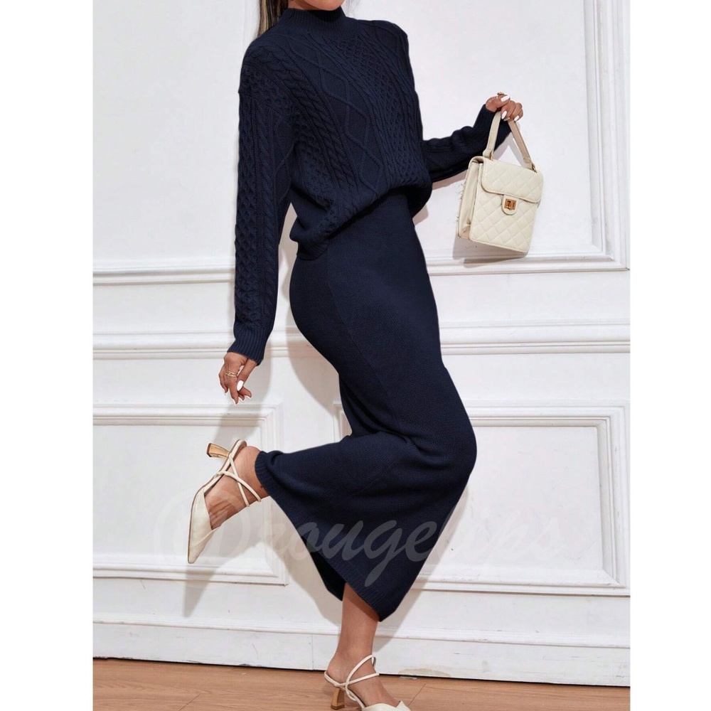 2 Piece Knit Skirt Set Navy Blue Long Skirt & Cable Knit Sweater - Picture 2 of 8